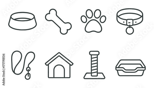 Icon set of pet accessories: bowls, collar, bone, pawprint, leash, house, scratcher, litter box