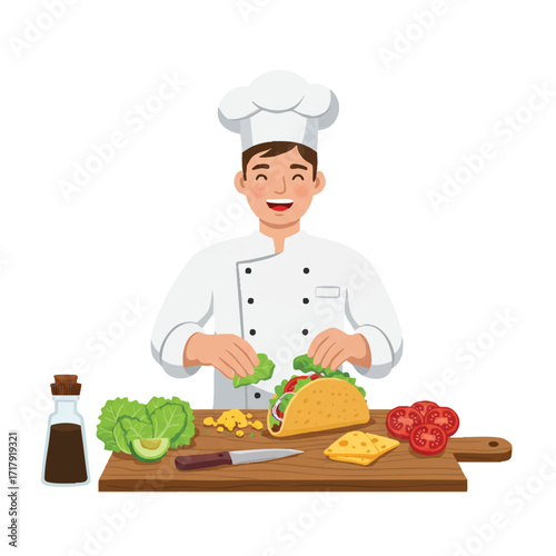 A smiling chef meticulously assembles a delicious taco on a wooden cutting board, surrounded by vibrant fresh ingredients, depicted in a clean 2D flat vector illustration.