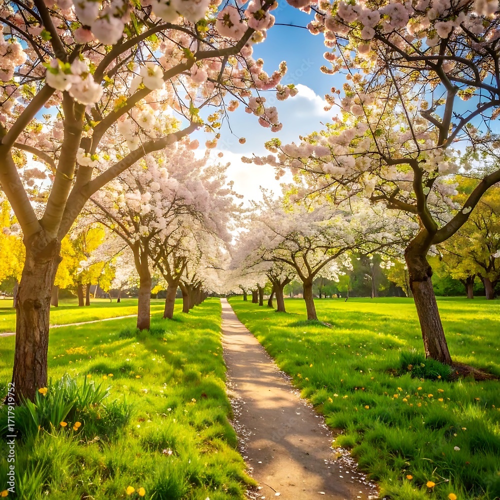 Naklejka premium Spring blossoms line a sunlit path