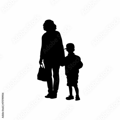 Silhouette of mother and son waiting at bus stop isolated on white background