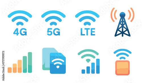 Digital connectivity icons: 4g, 5g, lte, signal, and network symbols