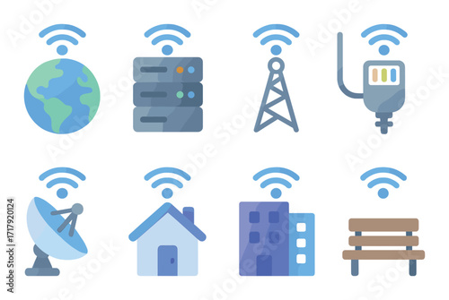 Futuristic icon set depicting global connectivity and wireless communication