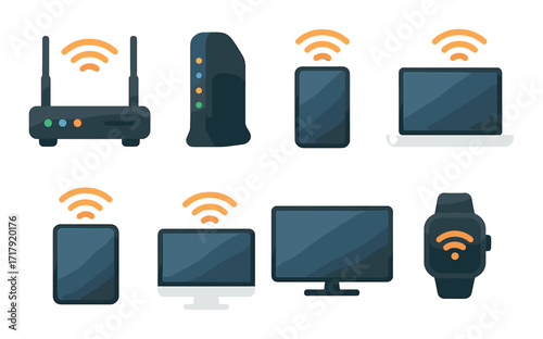 Various wireless devices connecting via wi-fi signal icons