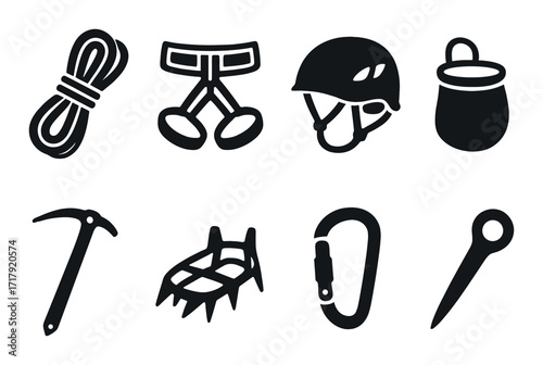 Silhouettes of climbing gear: rope, harness, helmet, chalk bag, ice axe, crampons, carabiner, piton