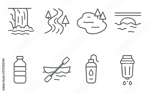 Outline icons of nature, water, canoeing, and hydration