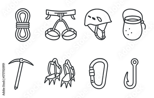 Mountaineering essentials: rope, harness, helmet, chalk bag, ice axe, crampons, carabiner, hook