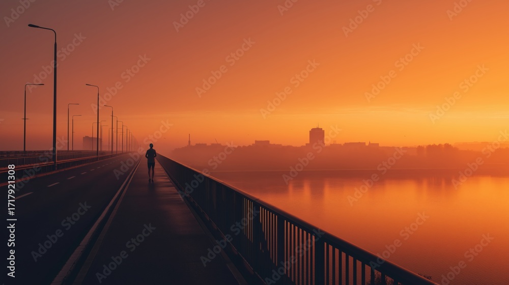 Obraz premium Silhouette runner on bridge at dawn, city skyline reflecting in water.