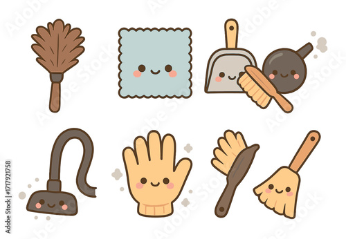 Cute cartoon household cleaning supplies with smiling faces on wooden background