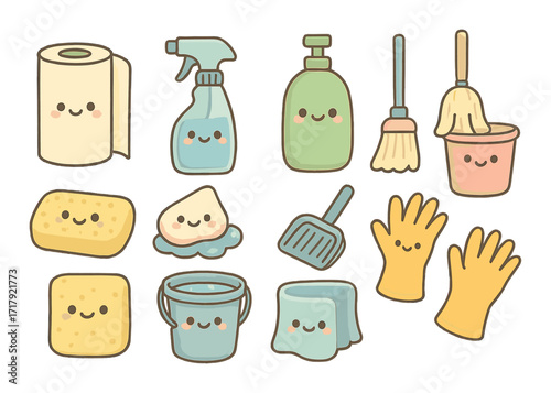 Cute cartoon cleaning supplies with smiling faces