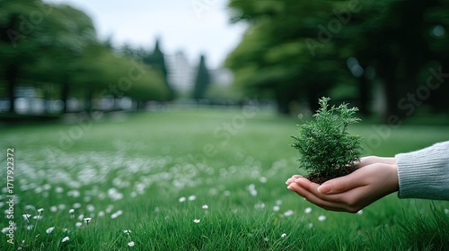 Hands Holding Green Sprout Above Grassy Field with White Flowers in Soft Focus Park Background Under Bright Overcast Sky