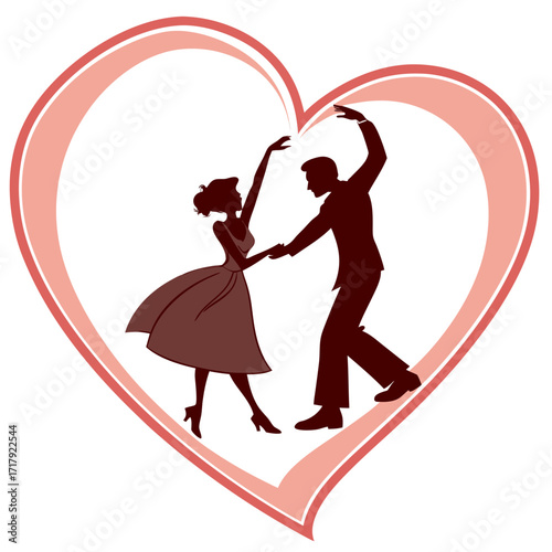 Elegant silhouette couple dancing joyfully inside a heart shape emblem