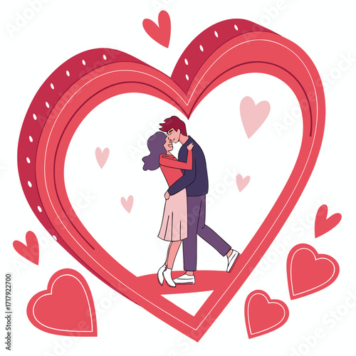 Romantic couple embracing and kissing inside a large decorative heart shape surrounded by hearts