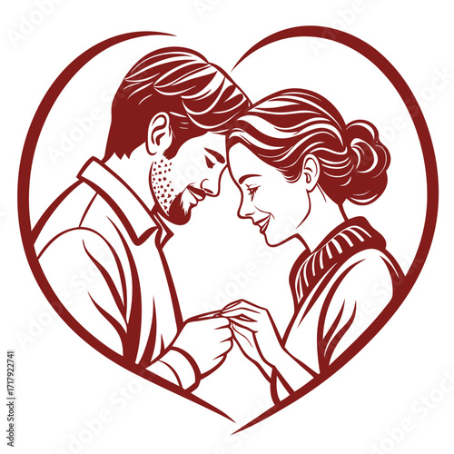 Romantic couple embracing tenderly within a heart shape symbolizing love and commitment