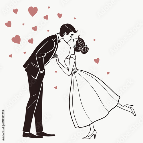 Romantic couple kissing surrounded by pink hearts on a white background celebrating love and marriage