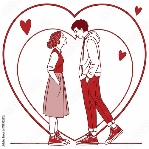 Young couple in love sharing a tender moment surrounded by romantic heart shapes and soft red outlines