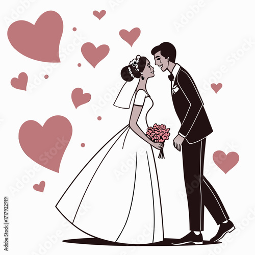 Romantic wedding couple sharing a tender moment surrounded by floating hearts on their special day