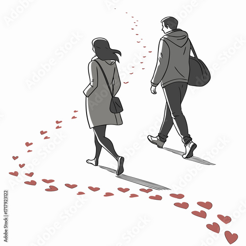 Couple walking away leaving a trail of red hearts on a white background symbolizing love and romance