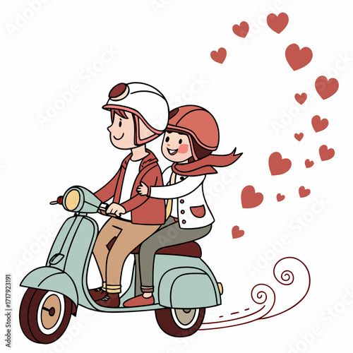 Happy couple riding a scooter together surrounded by floating hearts and swirls