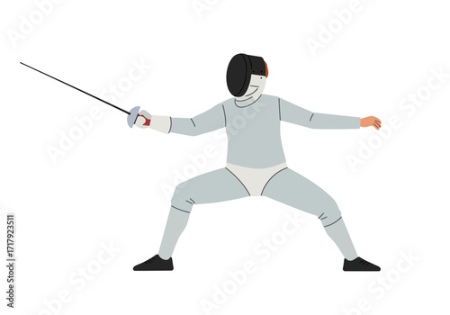 Fencer in action with foil and protective gear.