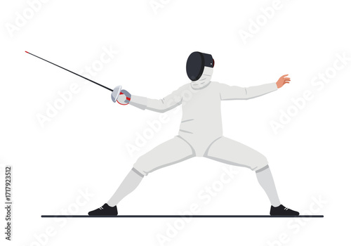 Fencer in white uniform with a sword in a defensive stance.