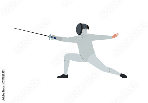 Fencer in protective gear lunging forward with a sword during a fencing match.
