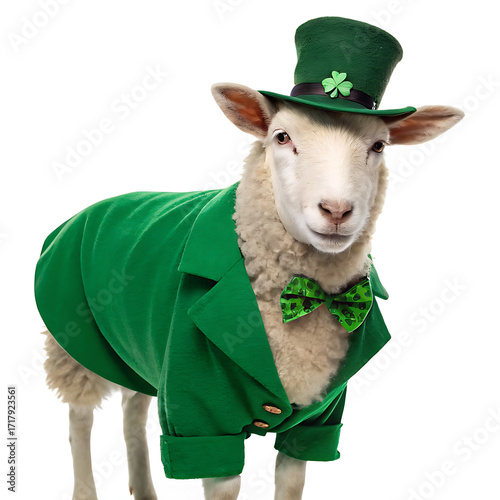 Sheep dressed in st patrick's day attire featuring a green suit hat and bow tie on a white background