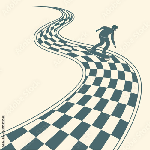 Minimilist illustration of a skateboarder riding on a winding checkered road with a light background color vector