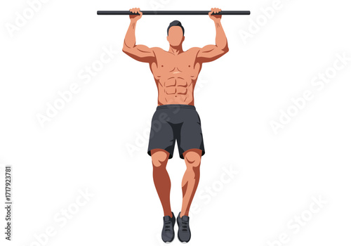 Muscular man doing pull-up exercise for strength training.