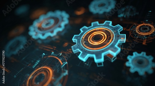 Futuristic glowing gears with blue and orange light on a dark background, representing technology and mechanical processes.
