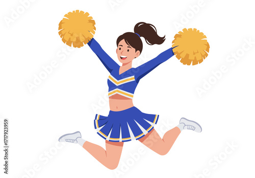 Energetic Cheerleader in Blue Uniform Jumping with Pom-Poms.