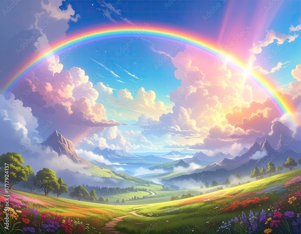Fototapeta premium Pastoral Landscape with Rainbow and Flower Field Under Sunny Sky with Mountain and Meadow Views in Light Blue Sky and Colorful Light