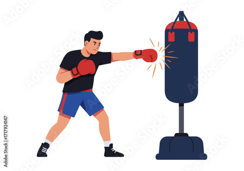 Man in red boxing gloves punches a punching bag.