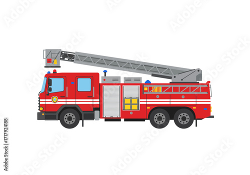 Red fire truck with an extendable ladder isolated on a white background.