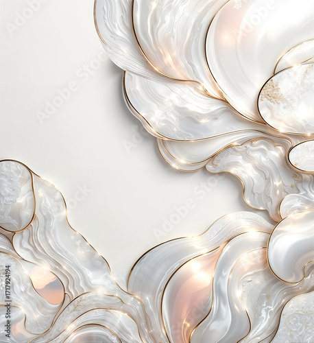Elegant marble background with soft white and beige tones, golden lines, and smooth flowing shapes. Perfect for wedding invitations, luxury packaging, posters, branding, business cards, we