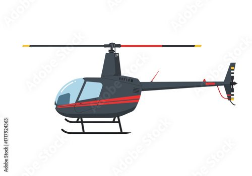 Modern flat design illustration of a dark grey helicopter with red stripes.
