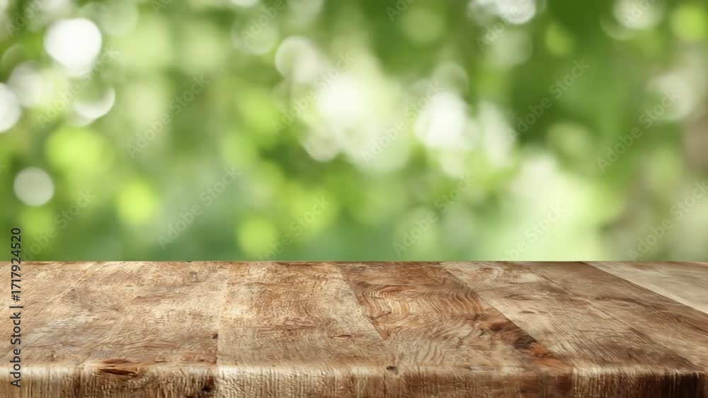 Wooden table surface against blurred, green bokeh background