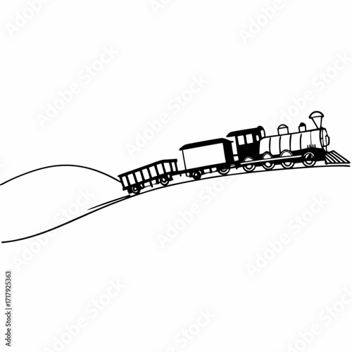 Minimilist a black and white line drawing of a steam train with two cars going up a hill on a curved track design vector