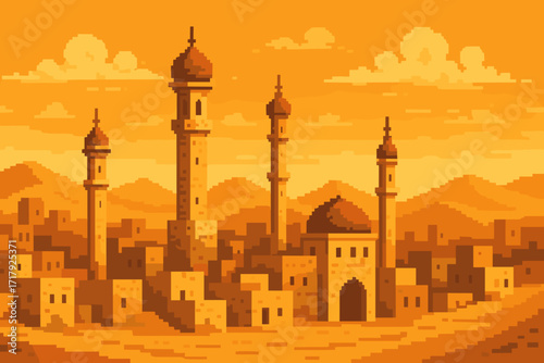 Pixel art desert city with minarets under sunset sky