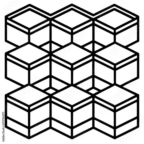 Minimilist isometric grid of nine outlined cubes arranged in a three by three pattern on a white background design vector