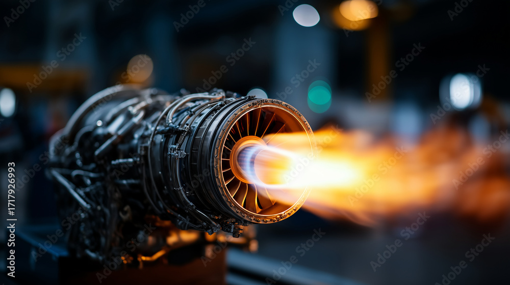 Obraz premium Close up of engineers conducting static tests on a revolutionary open fan engine designed for heavy lift aircraft flames and exhaust controlled in a secure test bed focus on