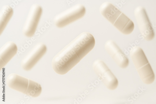 White magnesium supplement capsule levitation image conveying calm sleep improvement and natural wellness in soft light