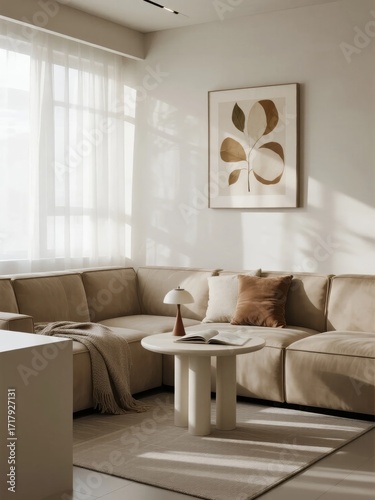 Modern minimalist living room with beige sectional sofa, round coffee table, and abstract wall art