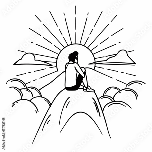 Minimilist a person sitting on a mountain peak looking at the sun with clouds in a black and white illustration vector