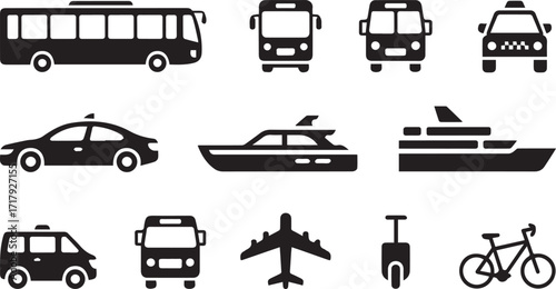 Vector art of transportation icons set featuring various vehicles