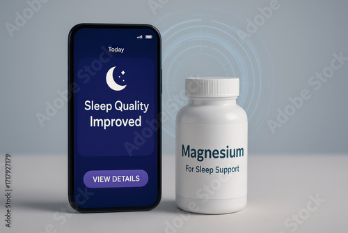 Magnesium supplement supports restful sleep and visible sleep improvement tracked on smartphone app showing better sleep quality and wellness progress