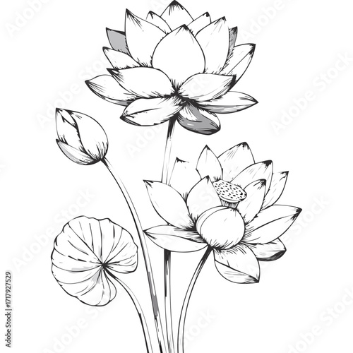 Lotus Flower Sketch Outline Illustration in Black and White – Hand Drawn Botanical Vector