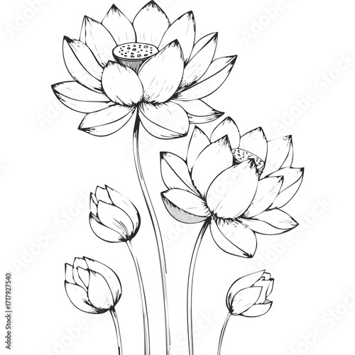 Lotus Flower Sketch Outline Illustration in Black and White – Hand Drawn Botanical Vector