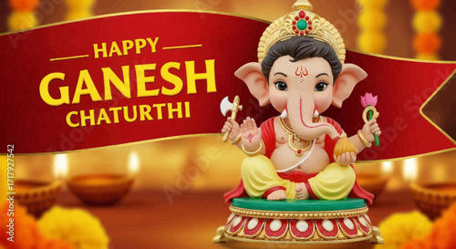 Happy Ganesh Chaturthi Figurine Seated Holding Axe and Lotus.