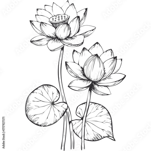 Lotus Flower Sketch Outline Illustration in Black and White – Hand Drawn Botanical Vector