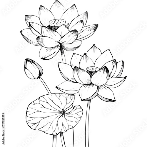 Lotus Flower Sketch Outline Illustration in Black and White – Hand Drawn Botanical Vector